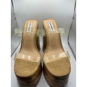 Steve Madden Women's Cork Wedge Platform Slide Sandals Clear Strap Size 9.5